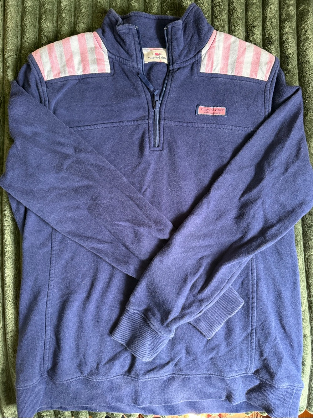 Vineyard Vines Navy Quarter-Zip Pullover with Pink Striped Shoulder Accents